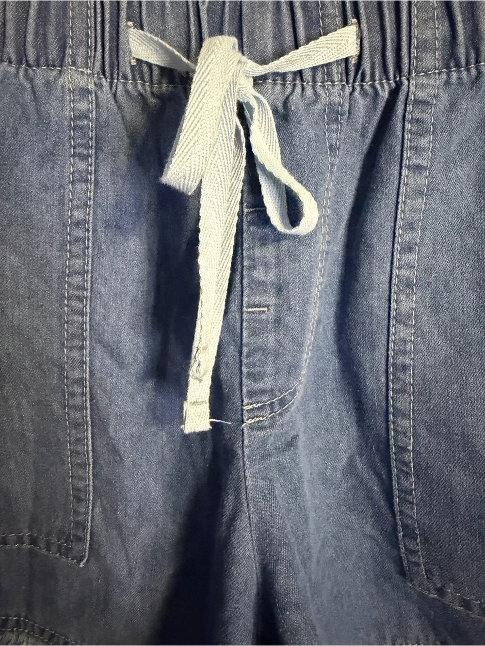 Denim Drawstring Frayed Hem Shorts Lightweight Chambray Beachy Boho Large NWOT